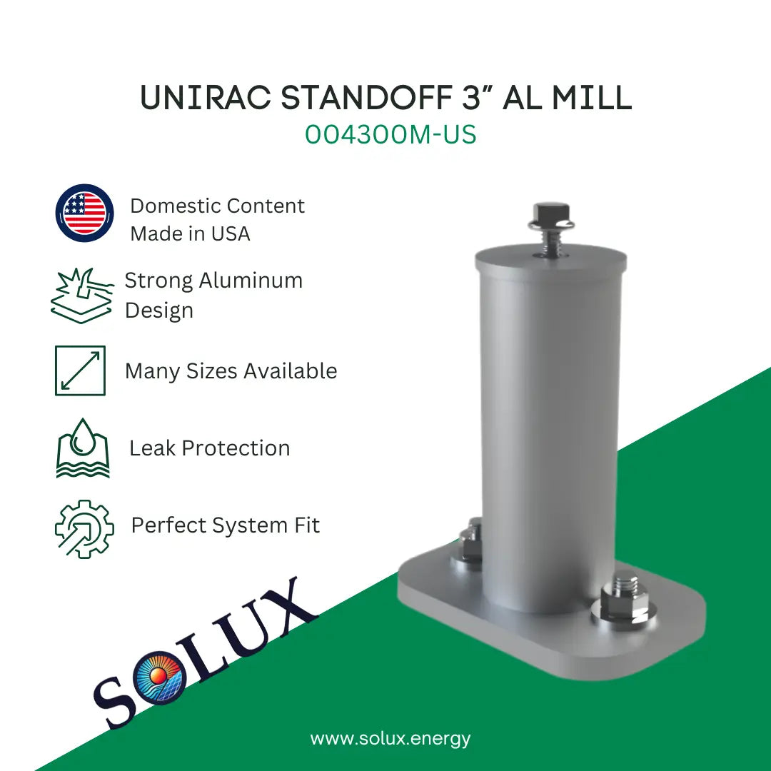 This is an image of Unirac standoff 3 inches aluminum in mill finish, domestic eligible